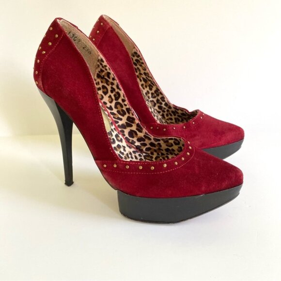 Abusiva Shoes - Abusiva Red Velvet Suede Platform Pumps High Heels‎ Studded Leopard Size 6